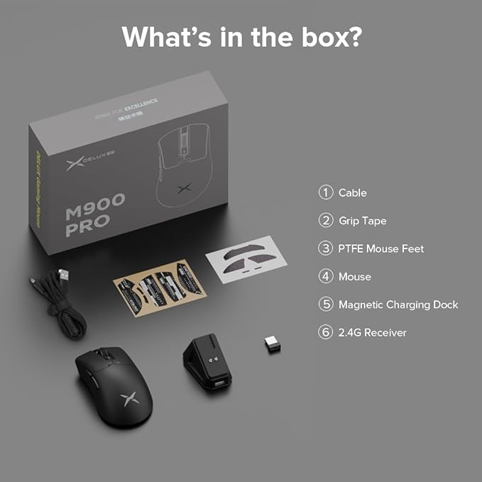 DeLUX M900PRO Wireless Gaming Mouse, 8000Hz Polling Rate, RGB Charging Dock, 63g Ergonomic Design, PAW3395 Sensor with 26000DPI, Programmable Buttons (Black)