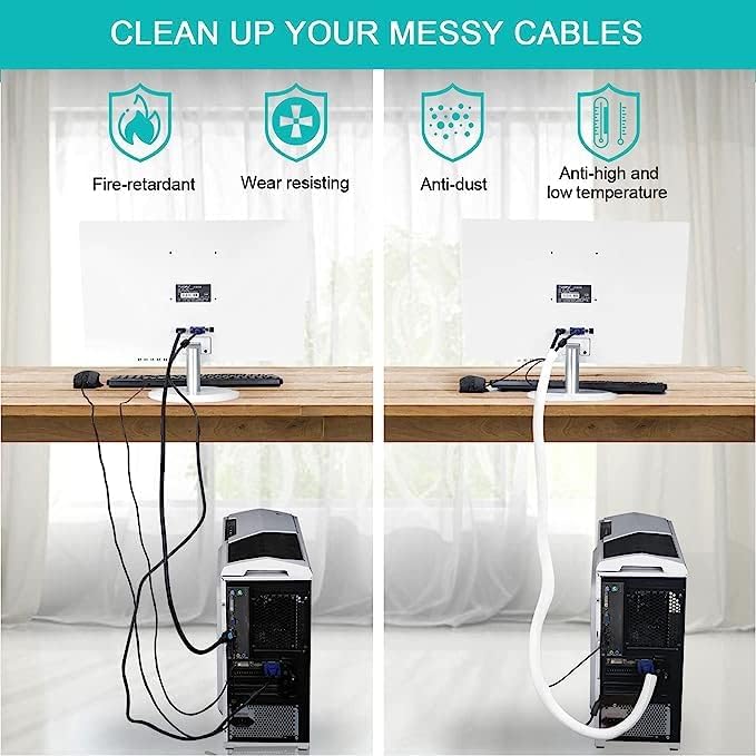 20ft - 1 inch White Cable Sleeve, Cable Organizer for Desk PC TV Computer, Wire Protector Cable Wrap Cover, Cord Management for Home Office