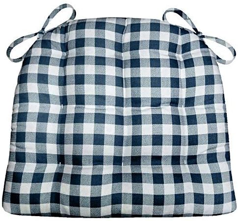 Barnett Home Decor Classic Check Navy Blue Dining Chair Pad with Ties - 15 x 17 Size Small Chair Cushion - Latex Foam Fill - Machine Washable, Reversible, 100% Cotton Plaid, Made in USA
