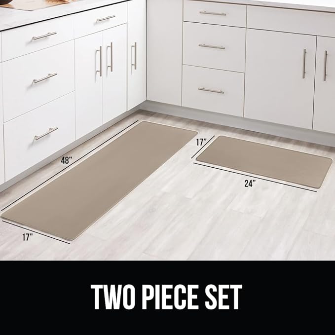 GORILLA GRIP 2 Pack Comfortable Cushioned Kitchen Mats for Floor, 17x29 + 17x59, Waterproof and Stain Resistant, 1/2 Inch Thick Soft Ergonomic Standing Desk Anti Fatigue Mat, Foam Supports Feet, Beige