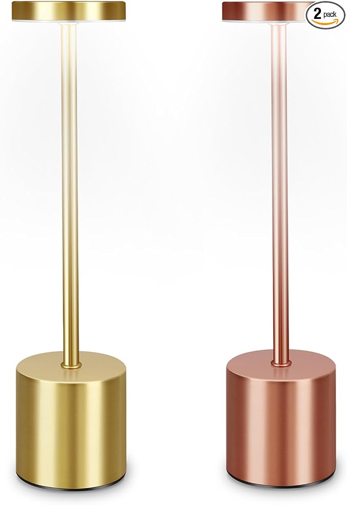 2 Pack Rechargeable Cordless Metal Table Lamps, LED Bedside Lamps with 3-Color Dimming, Portable Small Desk Lamps for Bedroom, Outdoor, Restaurant, Bar, Café, Camping Use