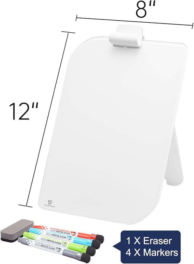 TSJ OFFICE Small Desktop Whiteboard - 12 X 8 Inches Glass Dry Erase Board with Stand, Desk Board Buddy for Home, Office, School Supply