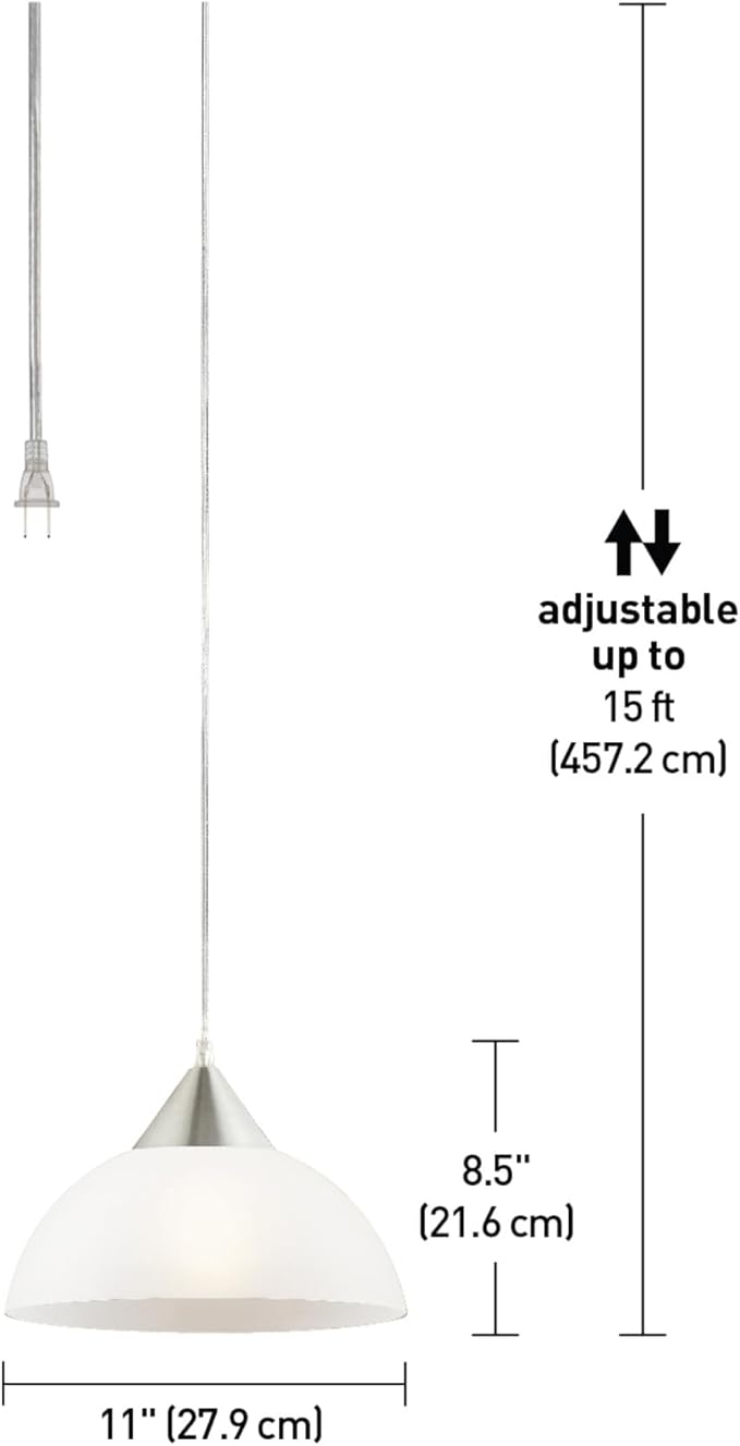 GLOBE Electric 64413 1-Light Plug-in Pendant, Brushed Steel, Frosted White Shade, 15ft Clear Cord, in-Line On/Off Switch, E26 Base Socket, Kitchen Island, Café, Hanging Light, Bulb Not Included
