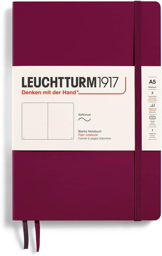 LEUCHTTURM1917 - Notebook Softcover Medium A5-123 Numbered Pages for Writing and Journaling (Plain, Port Red)