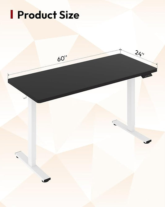 SANODESK Electric Standing Desk 60 x 24 Inches Whole-Piece Desktop Height Adjustable Stand Up Desk w/6-Button Controller Ergonomic Computer Desk for Home Office, White Frame + Black Tabletop