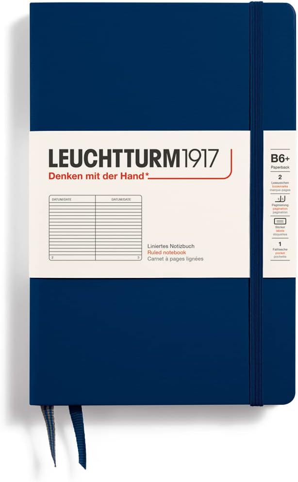 LEUCHTTURM1917 - Notebook Hardcover Paperback B6+ - 219 Numbered Pages for Writing and Journaling (Navy, Ruled)