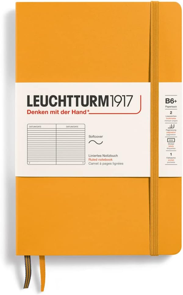 LEUCHTTURM1917 - Notebook Softcover Paperback B6+ - 123 Numbered Pages for Writing and Journaling (Ruled, Rising Sun)