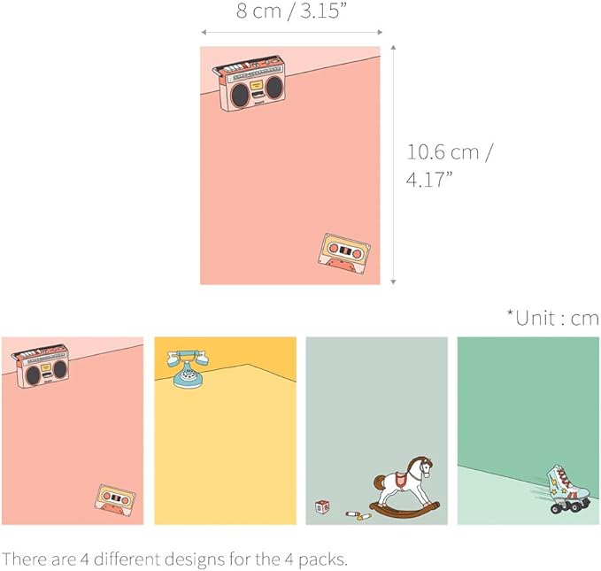 Monolike Memopad Memories design A SET - 4 Packs, 4 Different Designs, 100 Sheets Per Pad, Total 400 Sheets, Note pads, Writing pads, 3.15 x 4.17 Inches