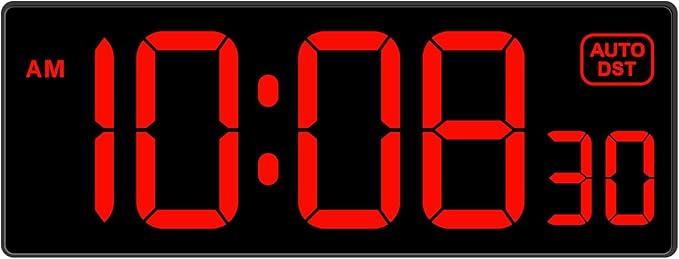 Soobest LED Digital Wall Clock, Large Digital Clock Bold Numbers with Seconds for Seniors Visually Impaired，Plug Electric Clock Dimmable Auto DST Large Display 10 Inches (Red)