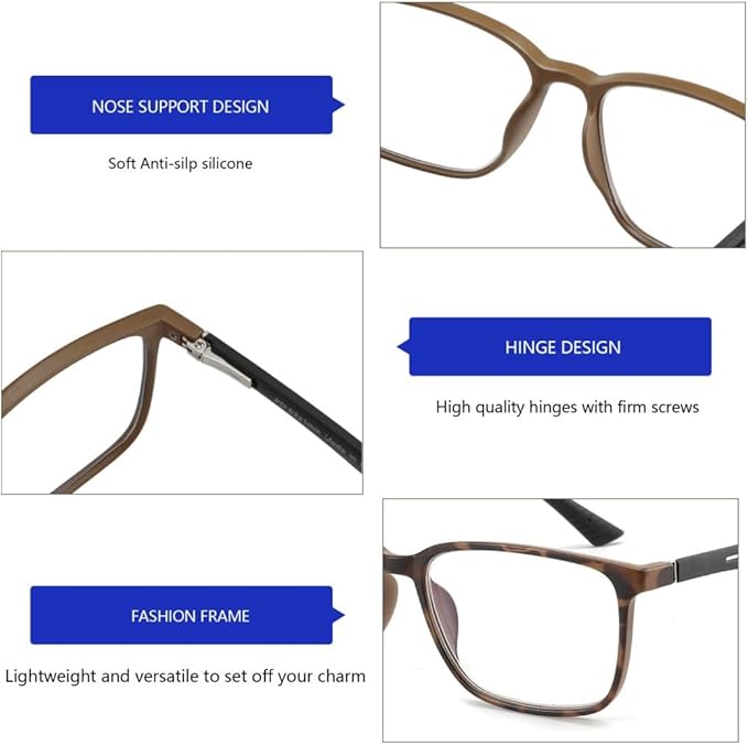 BLUEMOKY Blue Light Reading Glasses for Men，Sport Square Frame Readers, Anti Glare Computer Glasses