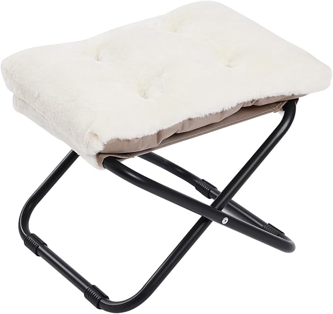 LITA Folding Footrest Stool, Portable Ottoman Foot Rest, Upholstered Small Foldable Ottoman Stool with Detachable Thick Cotton Cushion Padded Sofa Stool for Living Room, Bedroom, Plush Beige