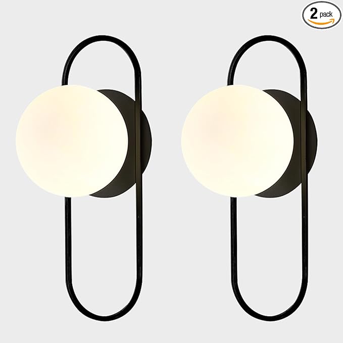 Black Glass Globe Wall Sconce Set of Two Frosted Globe Wall Light Mid Century Modern Wall Sconce Oval Wall Lamp for Bedroom Bedside Bathroom