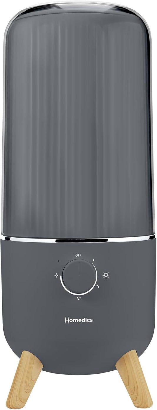 Homedics Ultrasonic Humidifier, Bedrooms and Home Offices, 0.97-Gallon Tank, 45-Hour Runtime, Visible Ultra-Quiet Cool Mist, Aromatherapy, Demineralization Cartridge, Night-Light, Auto-Off, Platinum