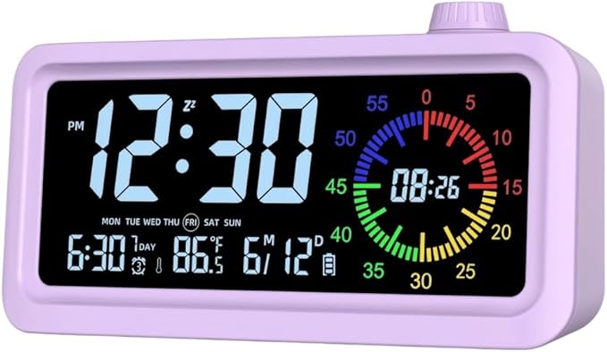 Digital Alarm Clock Night Light Visual Timer, LCD Time Reminder with 3 Alarms, Snooze,Temperature Display, Ideal for Family Education Teaching and Time Management Gifts for Kids (Color Purple)
