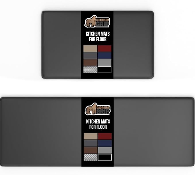 GORILLA GRIP 2 Pack Comfortable Cushioned Kitchen Mats for Floor, 17x29 + 17x59, Waterproof, Stain Resistant, 1/2 Inch Thick Soft Ergonomic Standing Desk Anti Fatigue Mat, Foam Supports Feet, Charcoal