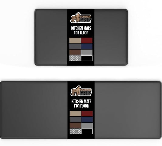 GORILLA GRIP 2 Pack Comfortable Cushioned Kitchen Mats for Floor, 17x29 + 17x59, Waterproof, Stain Resistant, 1/2 Inch Thick Soft Ergonomic Standing Desk Anti Fatigue Mat, Foam Supports Feet, Charcoal
