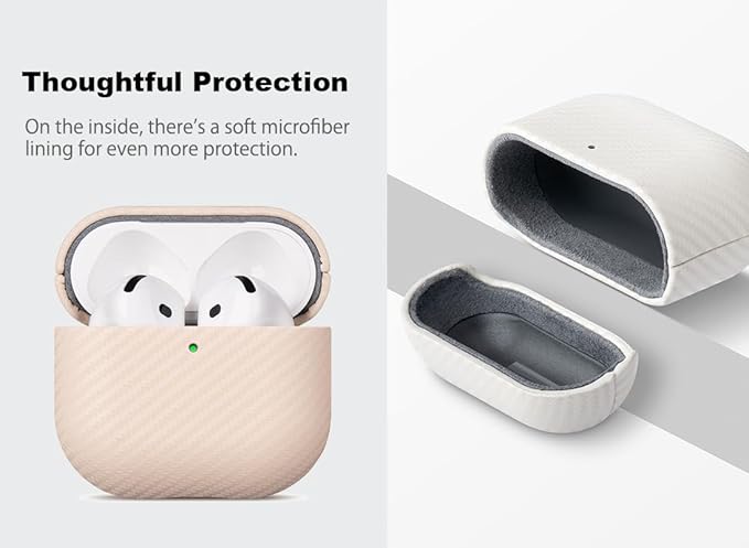 Leather Case for AirPods 4 / AirPods 4 with Active Noise Cancellation Case Cover - Selected Skin-Friendly Leather, Carbon Fibre Texture, Handmade Drop Protective Hard Cover - Pearl White