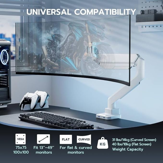 ARES WING Single Monitor Arm, Heavy Duty Adjustable Monitor Arm for 13"-49" Screens with USB, Gas Spring Desk Mount Stand with C Clamp/Grommet Mounting Base up to 40lbs Computer, White