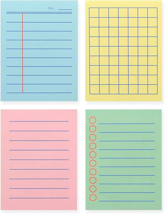 Monolike Memopad Boldline Color design SET - 4 Packs, 4 Different Designs, 100 Sheets Per Pad, Total 400 Sheets, Note pads, Writing pads, 3.15 x 4.17 Inches