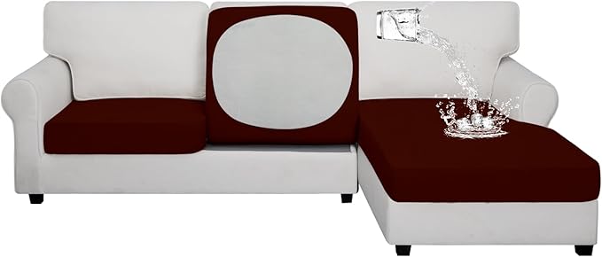 Easy-Going 100% Waterproof 3 Pieces Couch Cushion Covers for Sectional Sofa Left/Right L Shape Chaise Lounge Sofa Seat slipcover Anti-Slip Sofa Cover (2 Seater + 1 Chaise, Wine