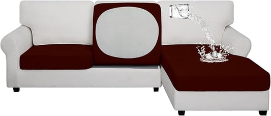 Easy-Going 100% Waterproof 3 Pieces Couch Cushion Covers for Sectional Sofa Left/Right L Shape Chaise Lounge Sofa Seat slipcover Anti-Slip Sofa Cover (2 Seater + 1 Chaise, Wine
