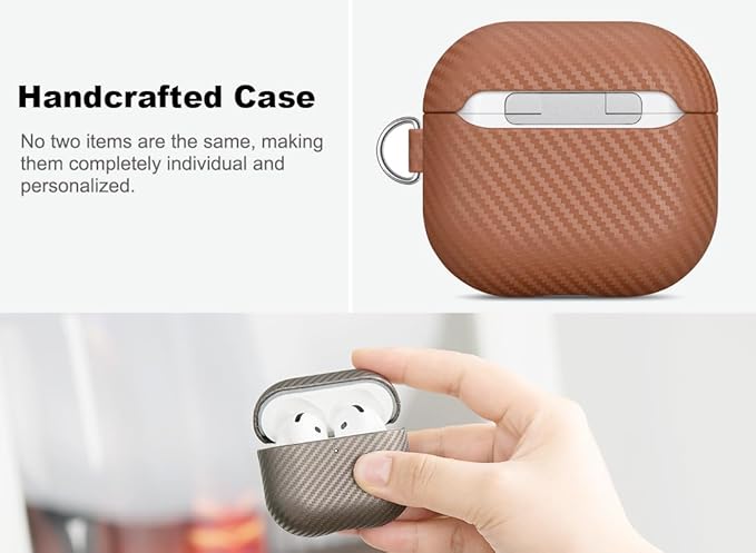 Leather Case for AirPods 4 / AirPods 4 with Active Noise Cancellation Case Cover with Keychain - Selected Skin-Friendly Leather, Carbon Fibre Texture, Handmade Shockproof Hard Cover - Brown