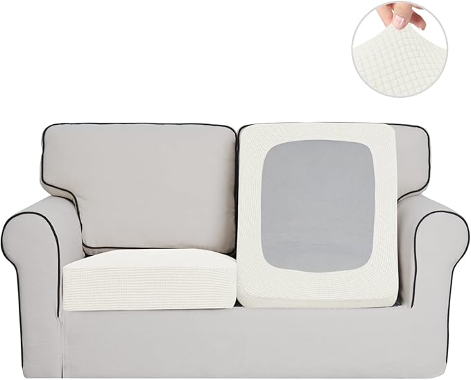 Easy-Going Stretch Individual Loveseat Couch Cushion Cover Sofa Cushion Furniture Protector Sofa slipcover Soft Flexibility with Elastic Bottom (2-Piece Loveseat Cushion Cover, Cream)