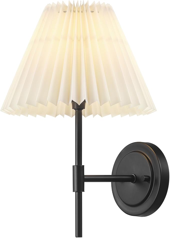 GLOBE 1-Light Wall Sconce, Matte Black, White Pleated Fabric Shade, E12 Base Socket, Candelabra Bulb, Living Room Lighting, Home Essentials, Décor, Bedroom, Mounted Bedside Lamp