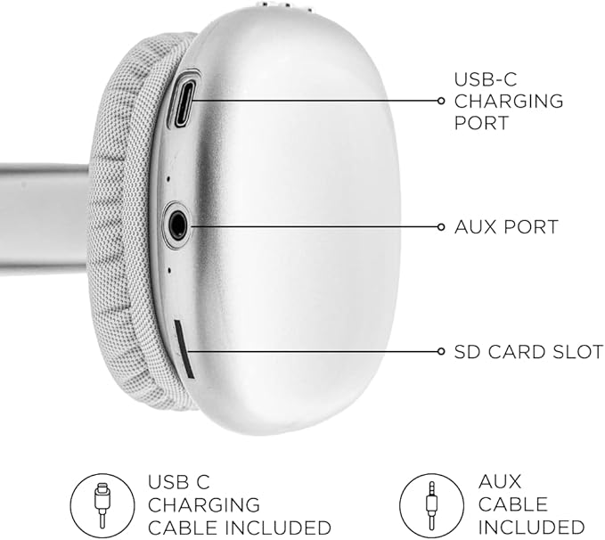 iJoy Ultra Wireless Headphones with Microphone- Rechargeable Over Ear Wireless Bluetooth Headphones with 10Hr Playtime, SD Slot, Backup Wire- Soft Cushion Wireless Headset with Mic (Silver)