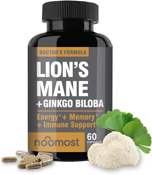 Lions Mane Supplement Organic Capsules - With Ginkgo Biloba - Cognitive Health, Focus & Memory Support - Natural Superfood for Brain, Energy & Immune Health - Non GMO- 60 Caps - 2 Month Supply