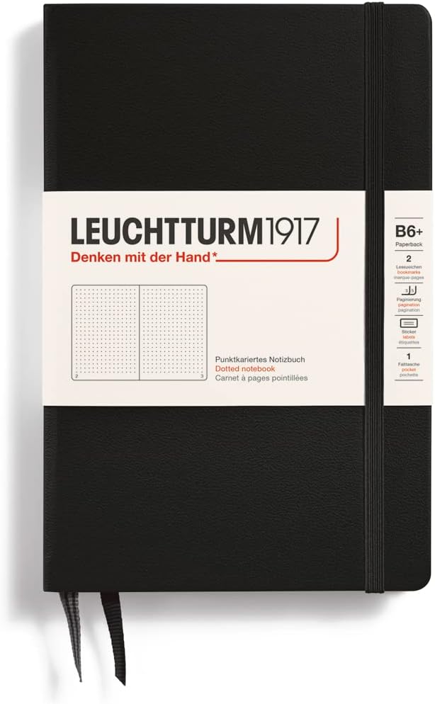 LEUCHTTURM1917 - Notebook Hardcover Paperback B6+ - 219 Numbered Pages for Writing and Journaling (Black, Dotted)