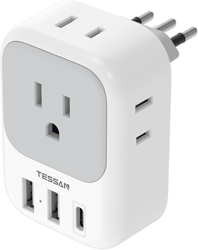 Italy Travel Plug Adapter, TESSAN Type L Adapter for Travel with 4 Outlets 3 USB Ports (1 USB-C), Power Adaptor for US to Italy Chile Rome Uruguay Milan Libya