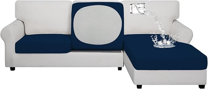 Easy-Going 100% Waterproof 3 Pieces Couch Cushion Covers for Sectional Sofa Left/Right L Shape Chaise Lounge Sofa Seat slipcover Anti-Slip Sofa Cover (2 Seater + 1 Chaise, Navy