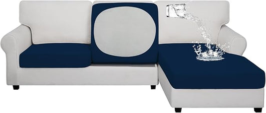Easy-Going 100% Waterproof 3 Pieces Couch Cushion Covers for Sectional Sofa Left/Right L Shape Chaise Lounge Sofa Seat slipcover Anti-Slip Sofa Cover (2 Seater + 1 Chaise, Navy