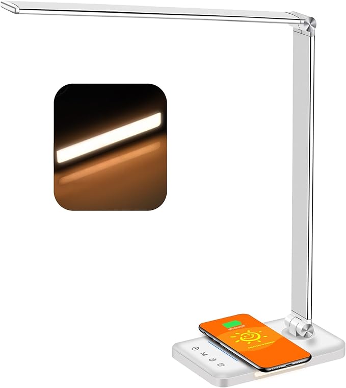 AFROG Multifunctional LED Desk Lamp with Wireless Charger, USB Charging Port, 5 Lighting Modes,5 Brightness Levels, Sensitive Control, 30/62 min Auto Timer, Eye-Caring Office Lamp with Adapter