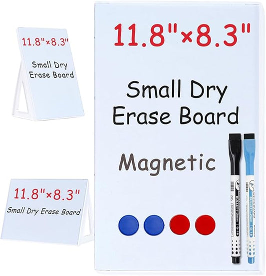Magnetic Dry Erase Board White Board, 11.8'' x 8.3'', Small Stand-Up or Hangable Desktop Dry Erase White Board, Mini Dry Erase Whiteboard Easel for Desk with Two Markers and Four Magnets