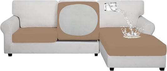 Easy-Going 100% Waterproof 3 Pieces Couch Cushion Covers for Sectional Sofa Left/Right L Shape Chaise Lounge Sofa Seat slipcover Anti-Slip Sofa Cover (2 Seater + 1 Chaise, Camel
