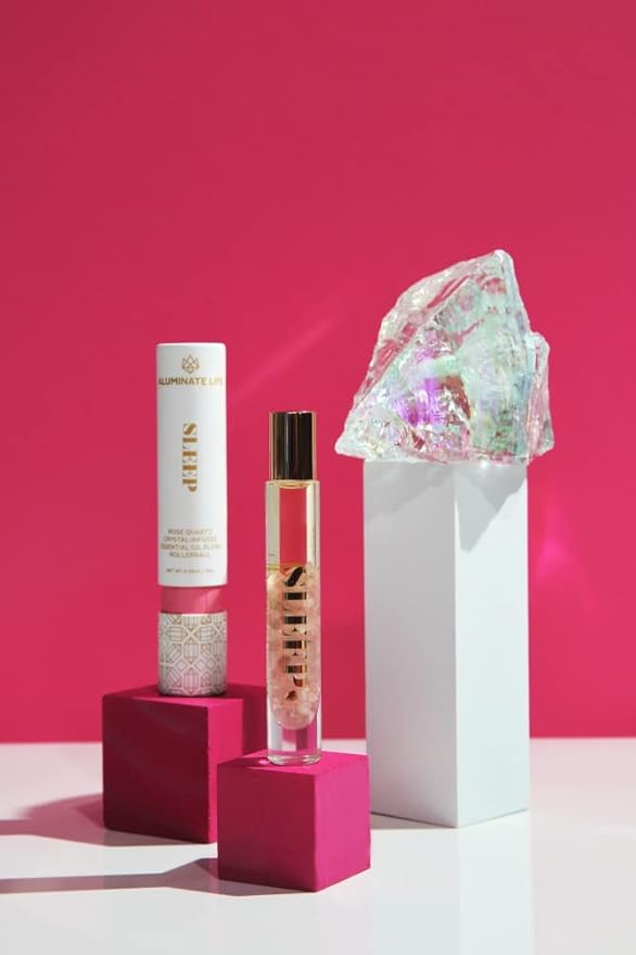 Essential Oil Rollerballs, .34 OZ, Sleep - Rose Quartz Crystal Infused - Scents of Rose, Lavender, and Vanilla - Aromatherapy Roll On, Valentine's Day Gift