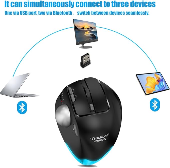 zelotes Wireless Trackball Mouse,Bluetooth Mouse,Rechargeable,4800 DPI, 2-in-1(BT 5.0/3.0+2.4GHz USB Receiver), 8 Buttons,Ergonomic Design,LED Lighting,for Laptop, PC, Pad,Black