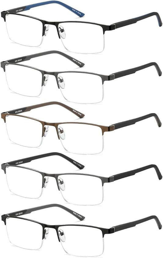EYECEDAR 5 Pack Blue Light Blocking Reading Glasses Men Metal Half Frame Spring Hinges Rubber Flexible Temple Computer Eyeglasses Readers for Men 2.50