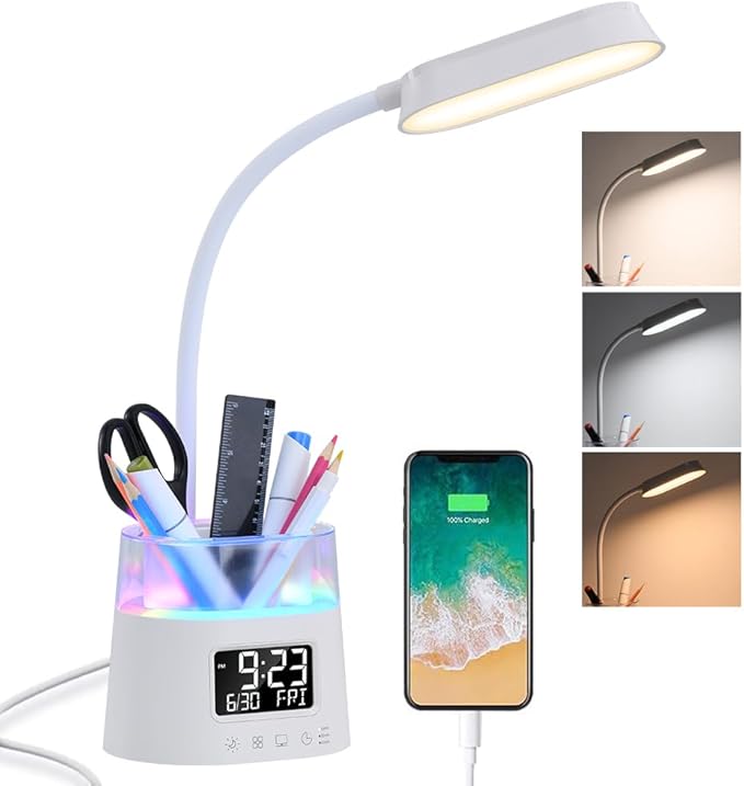 WILIT LED Desk Lamps for Home Office with Pen Holder, Table Lamp for Bedroom with USB Charging Port & Clock, RGB Night Light, Study Lamp for Kids Student, Desk Lamp for College Dorm Room Essentials