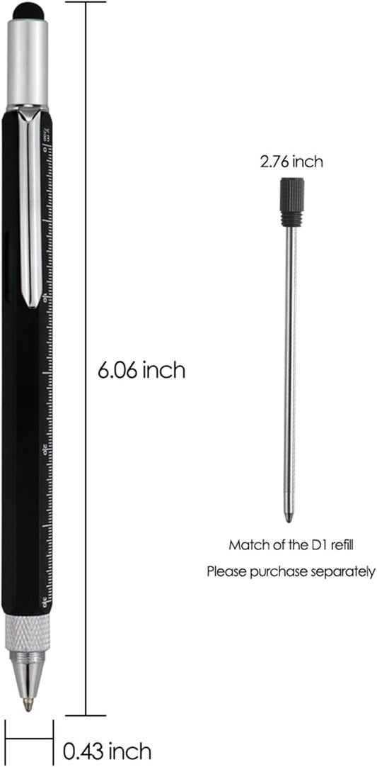 HeTaoCat Gifts Multi Tech Tool - 6 in 1 Stylus Pen with Screwdriver, Ruler, Level Gauge, Black Ink (Black)