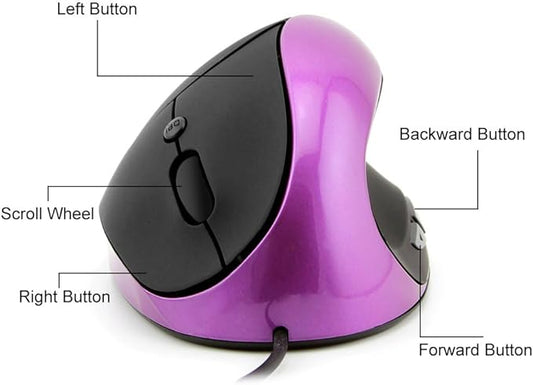 CHUYI Wired Vertical Ergonomic Mouse for Right Hand, 6 Buttons Portable Optical Office Corded Travel Mice for PC Computer Laptop (Purple)