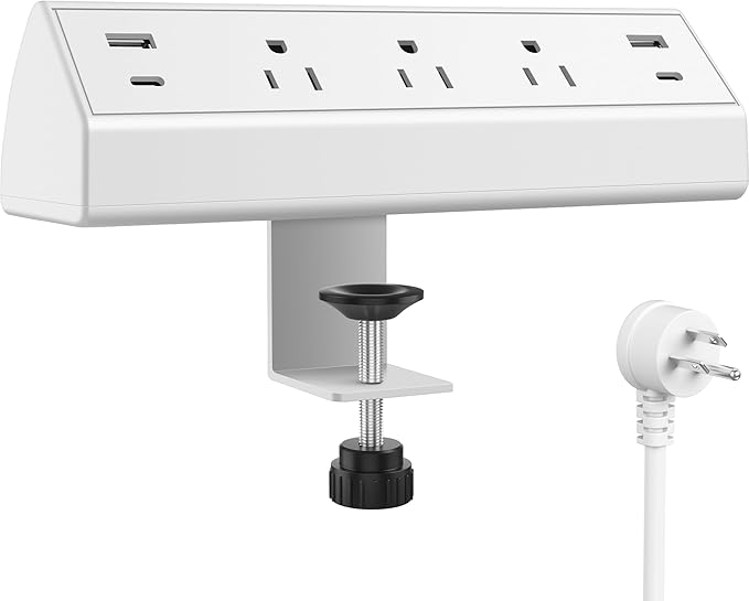 Desk Clamp Power Strip,40W Fast Charging Station,Desktop Mount Surge Protector,2 PD 20W USB C Ports,3 Outlets for Home,Office,Fit 1.9" Tabletop Edge (White, 3 Outlets & 4 USB Ports & 10 FT Cable)