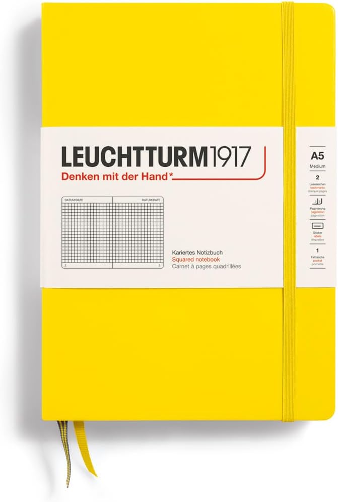 LEUCHTTURM1917 - Notebook Hardcover Medium A5-251 Numbered Pages for Writing and Journaling (Lemon, Squared)