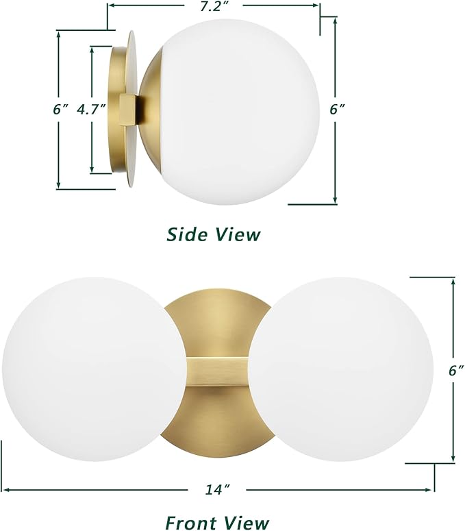Bathroom Vanity Light Fixtures, Modern 2 Lights Globe Wall Sconce Lighting Aged Brass, Porch Wall Mount Light Fixture for Bathroom, Mirror Cabinets Hallway Stairs