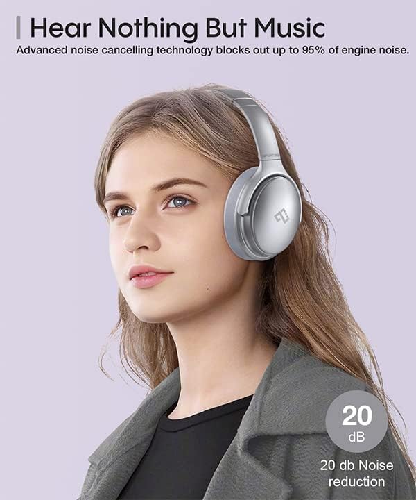 INFURTURE Active Noise Cancelling Headphones, H1 Wireless Over Ear Bluetooth Headphones, Deep Bass Headset, Low Latency, Memory Foam Ear Cups,90H Playtime (Silver)