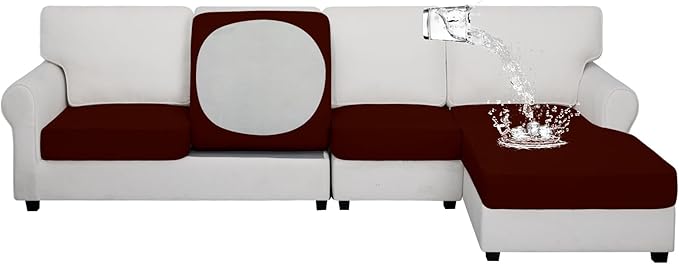 Easy-Going 100% Waterproof 4 Pieces Couch Cushion Covers for Sectional Sofa Left/Right L Shape Chaise Lounge Sofa Seat slipcover Anti-Slip Sofa Cover (3 Seater + 1 Chaise, Wine