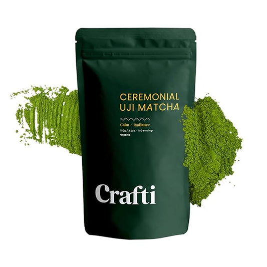 Crafti - Ceremonial Grade Organic Matcha Powder | 100 Servings (100g / 3.5oz) | Sugar-Free Kyoto Uji Matcha | Daily Matcha Green Tea for Calm Focus, Jitter-Free Energy and Barista-Grade Lattes