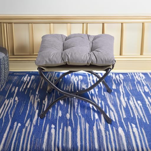 15" Foldable Foot Stool Ottoman with Metal Frame - Washable Light Grey Upholstered Indoor/Outdoor Footrest for Living Room, Bedroom, Patio - Space-Saving Compact Design